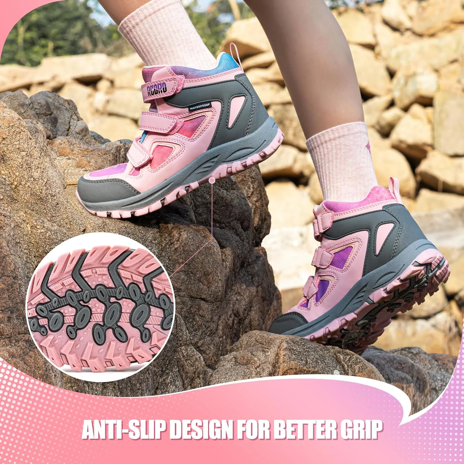 R CORD Kids Hiking Boots Girls Hiking Boots Waterproof Non-Slip for Outdoor Lace-Up Closure Durable TPR Traction Outsole Kids Hiking Shoes