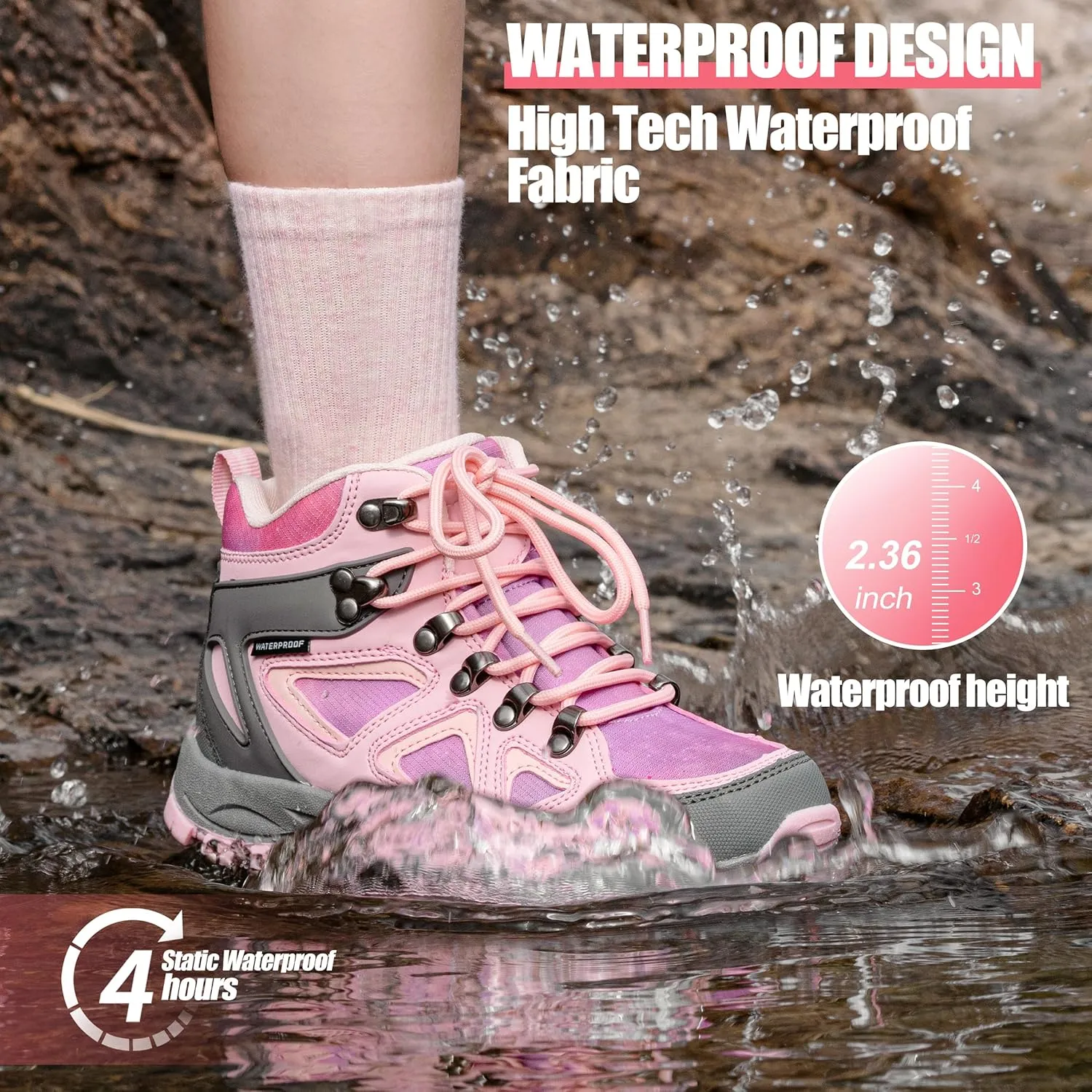 R CORD Kids Hiking Boots Waterproof Durable TPR Traction Outsole Anti-Skid Athletic Lace Up Hiking Shoes for Outdoor Adventure