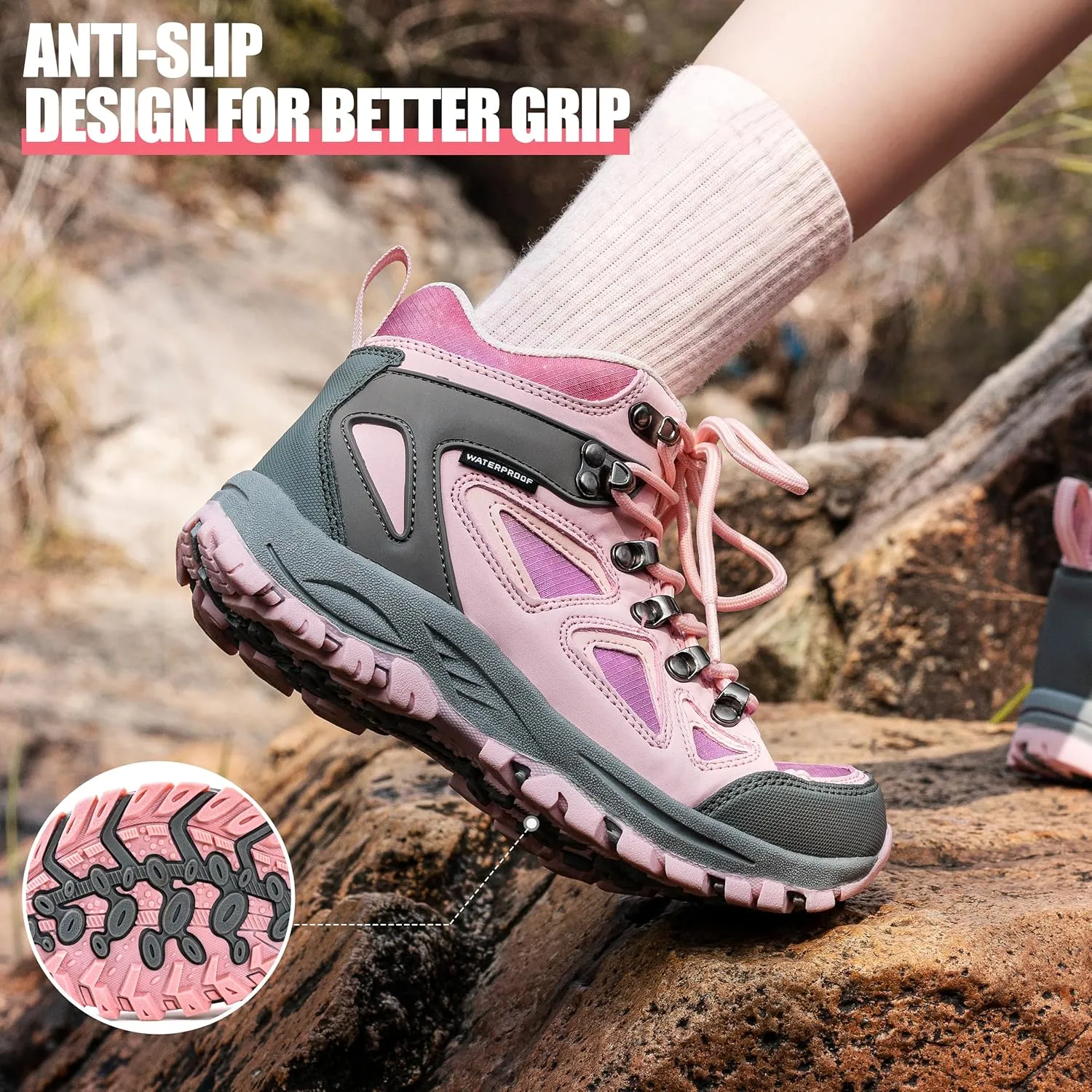 R CORD Kids Hiking Boots Waterproof Durable TPR Traction Outsole Anti-Skid Athletic Lace Up Hiking Shoes for Outdoor Adventure