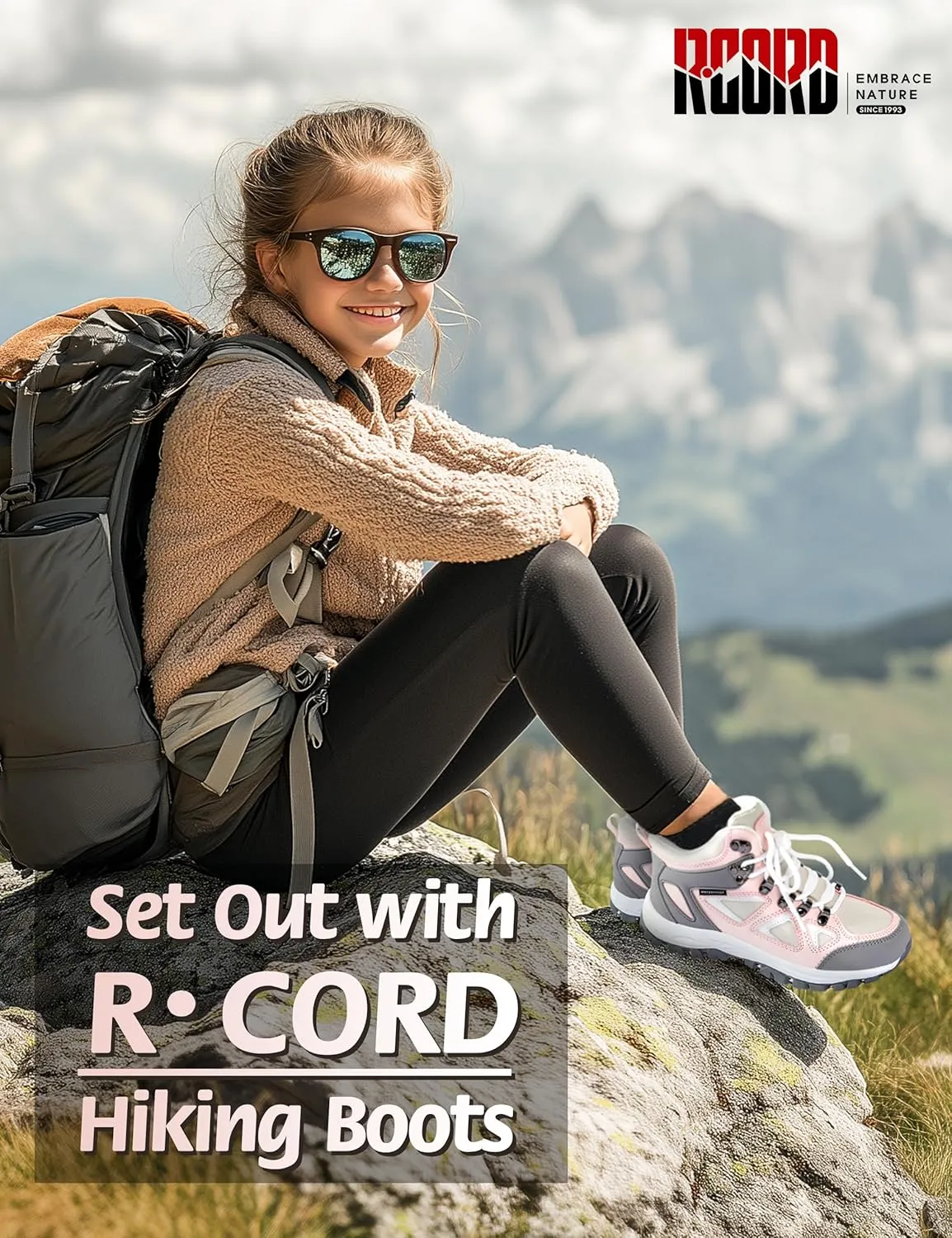 R CORD Kids Hiking Boots Waterproof Durable TPR Traction Outsole Anti-Skid Athletic Lace Up Hiking Shoes for Outdoor Adventure