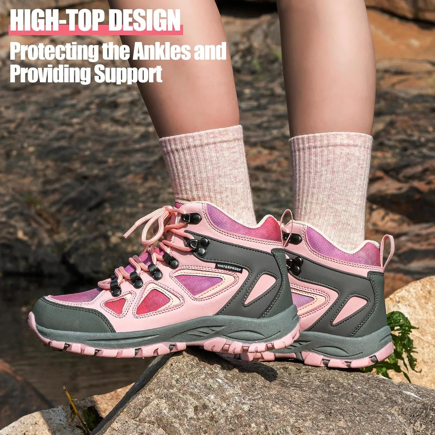 R CORD Kids Hiking Boots Waterproof Durable TPR Traction Outsole Anti-Skid Athletic Lace Up Hiking Shoes for Outdoor Adventure