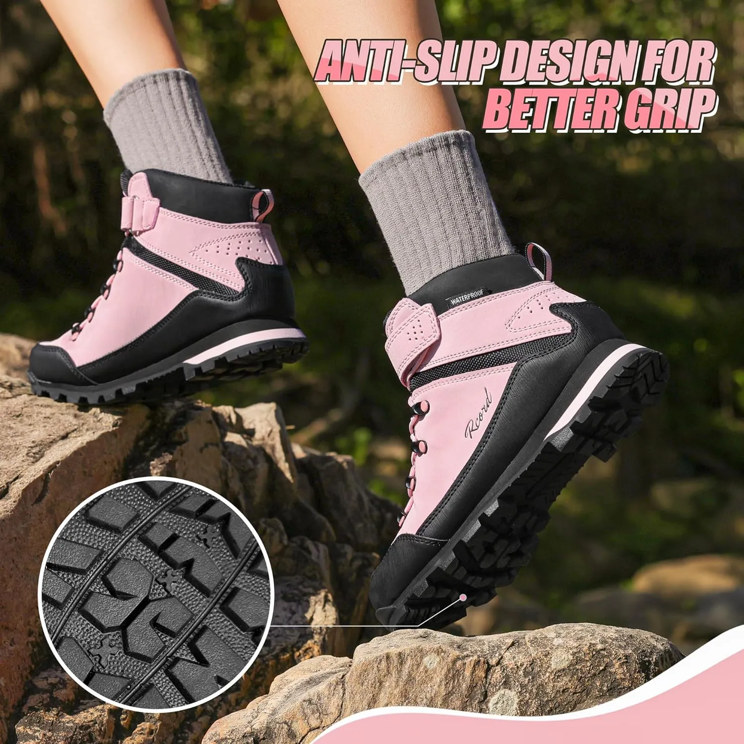 R CORD Kids Hiking Boots Waterproof Girls Boys Hiking Shoes Anti-Skid Athletic Hook and Loop Closure