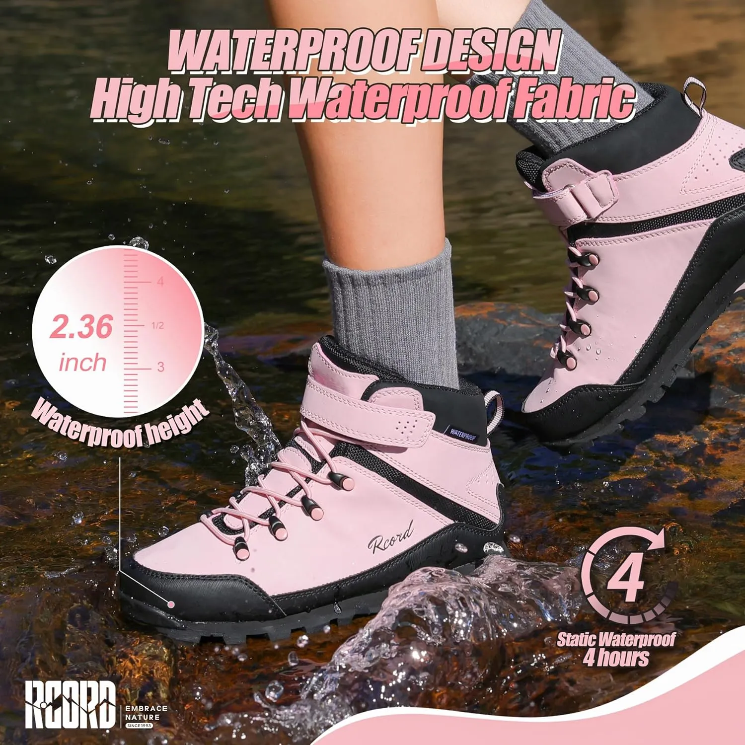 R CORD Kids Hiking Boots Waterproof Girls Boys Hiking Shoes Anti-Skid Athletic Hook and Loop Closure