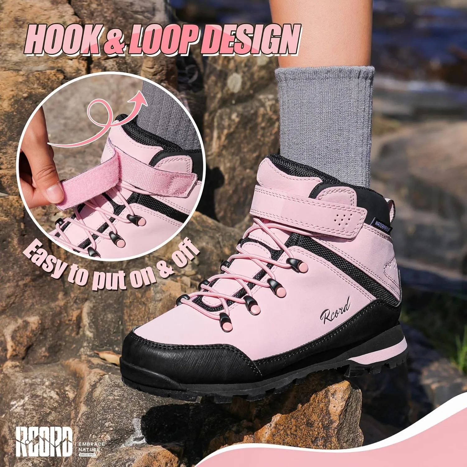 R CORD Kids Hiking Boots Waterproof Girls Boys Hiking Shoes Anti-Skid Athletic Hook and Loop Closure