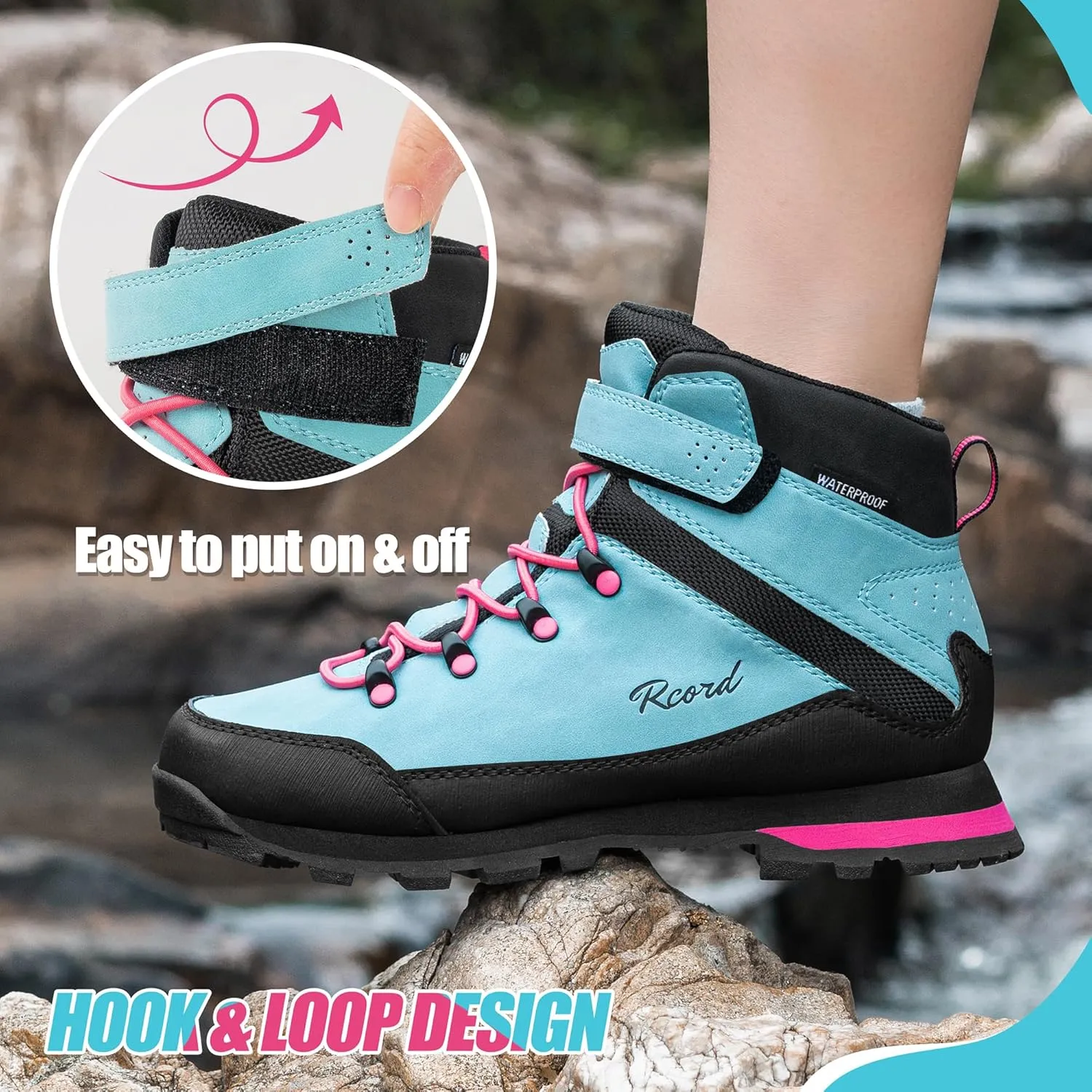 R CORD Kids Hiking Boots Waterproof Girls Boys Hiking Shoes Anti-Skid Athletic Hook and Loop Closure