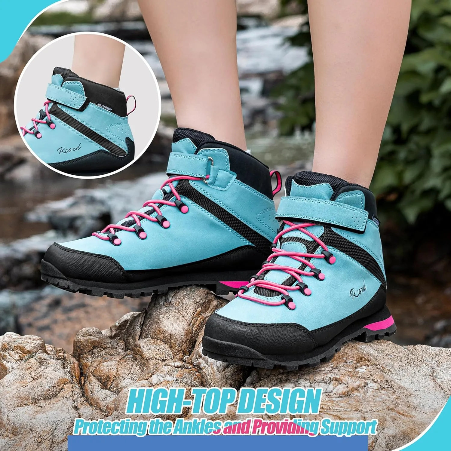 R CORD Kids Hiking Boots Waterproof Girls Boys Hiking Shoes Anti-Skid Athletic Hook and Loop Closure