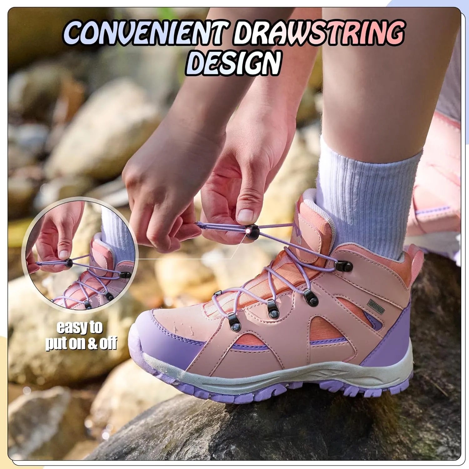 R CORD Kids Hiking Boots Waterproof Girls Hiking Boots Durable TPR Traction Outsole Anti-Skid Athletic Drawstring Closure