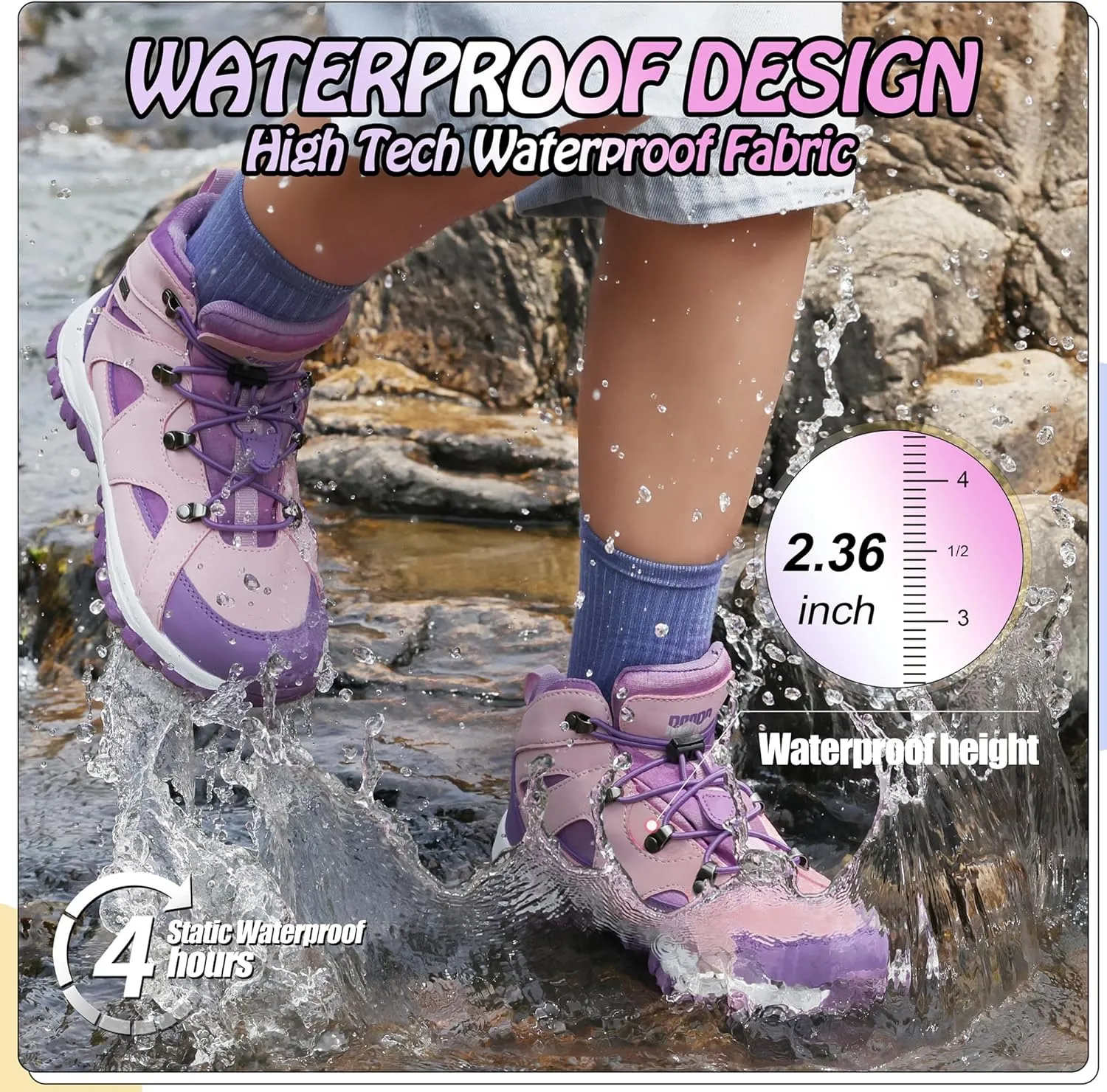 R CORD Kids Hiking Boots Waterproof Girls Hiking Boots Durable TPR Traction Outsole Anti-Skid Athletic Drawstring Closure