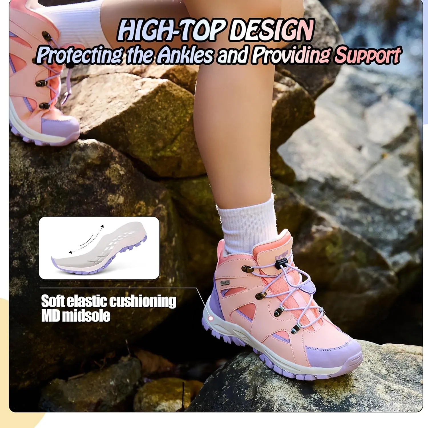 R CORD Kids Hiking Boots Waterproof Girls Hiking Boots Durable TPR Traction Outsole Anti-Skid Athletic Drawstring Closure