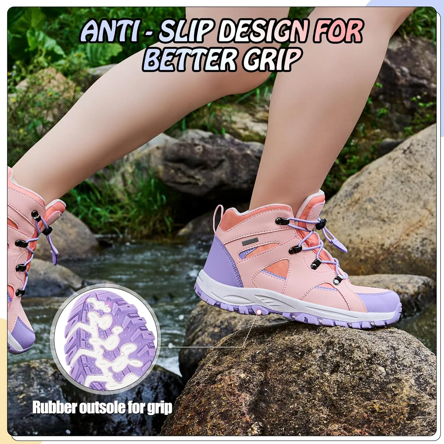 R CORD Kids Hiking Boots Waterproof Girls Hiking Boots Durable TPR Traction Outsole Anti-Skid Athletic Drawstring Closure