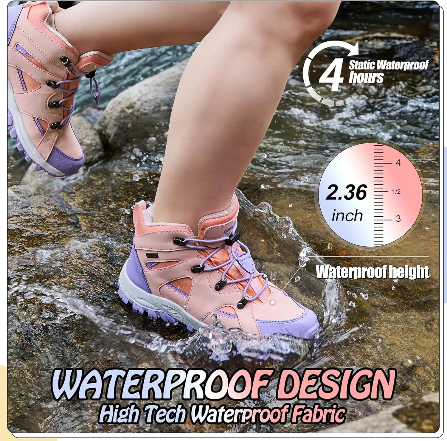 R CORD Kids Hiking Boots Waterproof Girls Hiking Boots Durable TPR Traction Outsole Anti-Skid Athletic Drawstring Closure