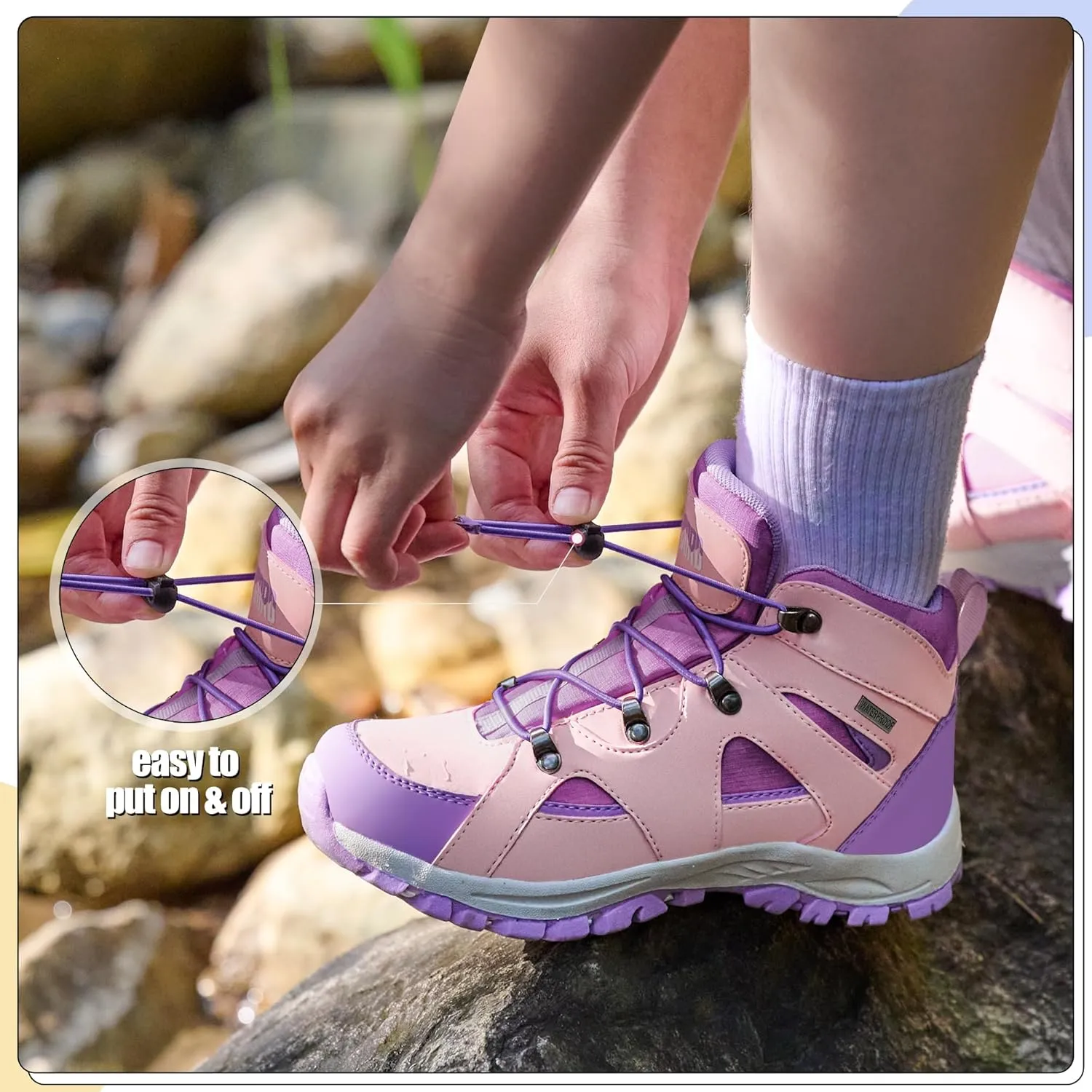 R CORD Kids Hiking Boots Waterproof Girls Hiking Boots Durable TPR Traction Outsole Anti-Skid Athletic Drawstring Closure