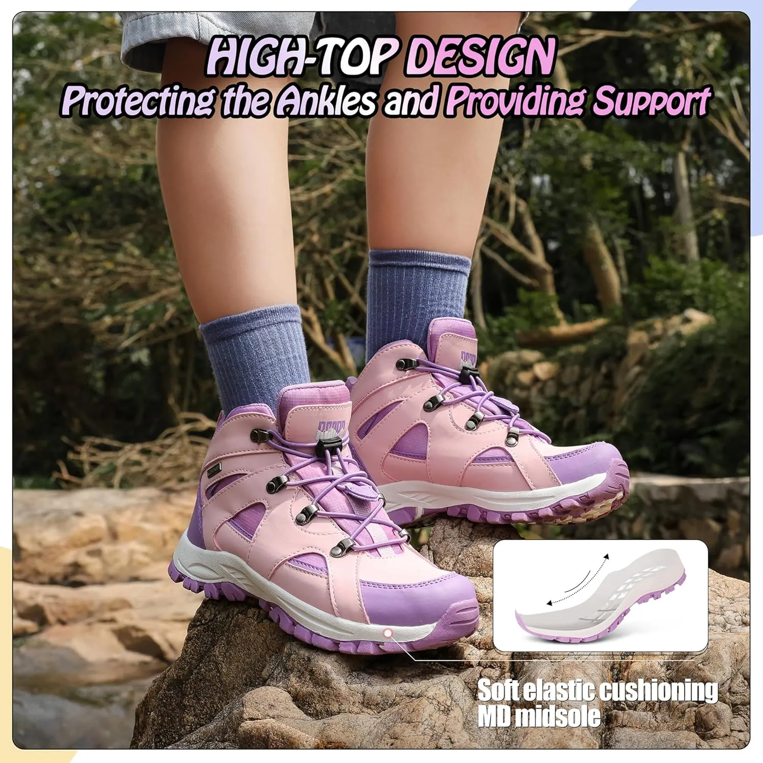 R CORD Kids Hiking Boots Waterproof Girls Hiking Boots Durable TPR Traction Outsole Anti-Skid Athletic Drawstring Closure