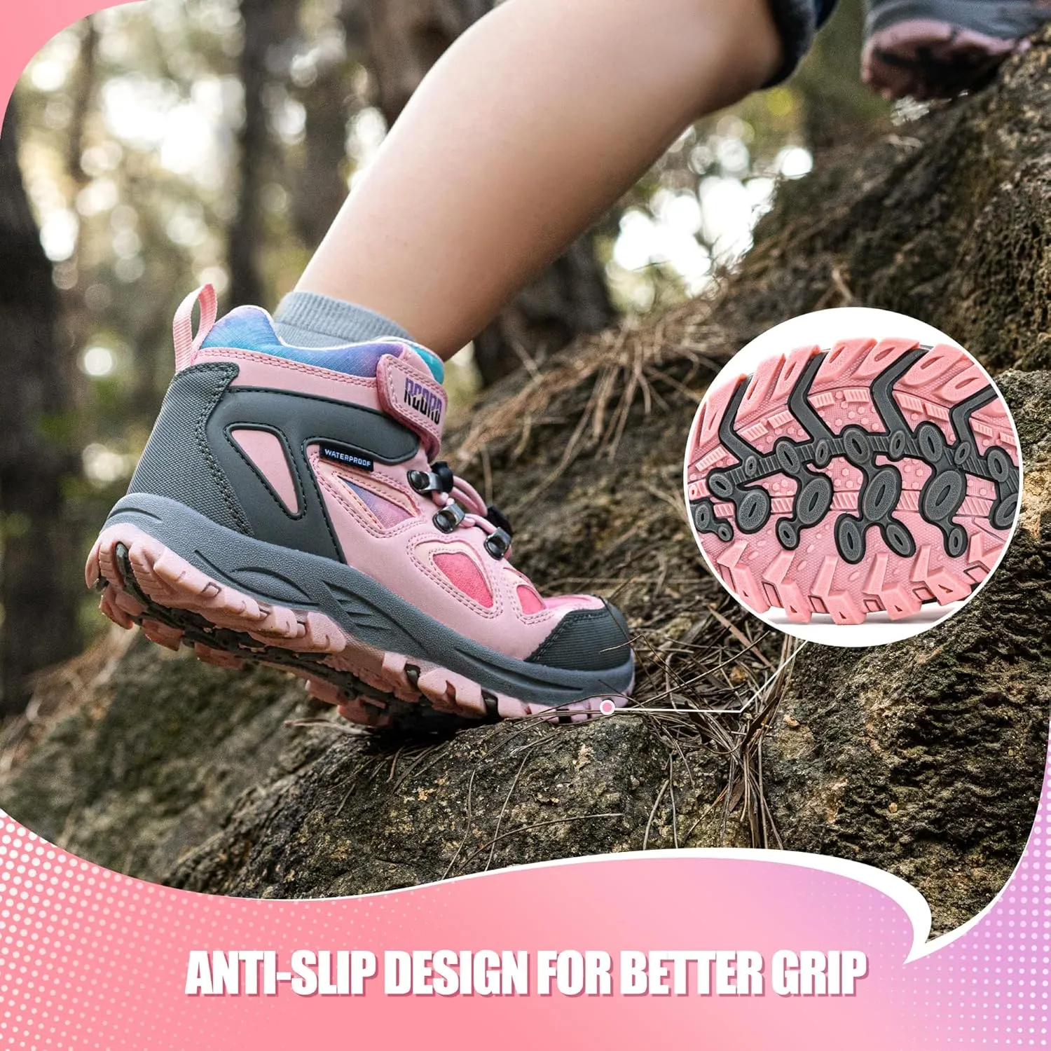 R CORD Kids Hiking Boots Waterproof Girls Hiking Boots Durable TPR Traction Outsole Anti-Skid Athletic Hook and Loop Drawstring Closure Hiking Boots for Outdoor