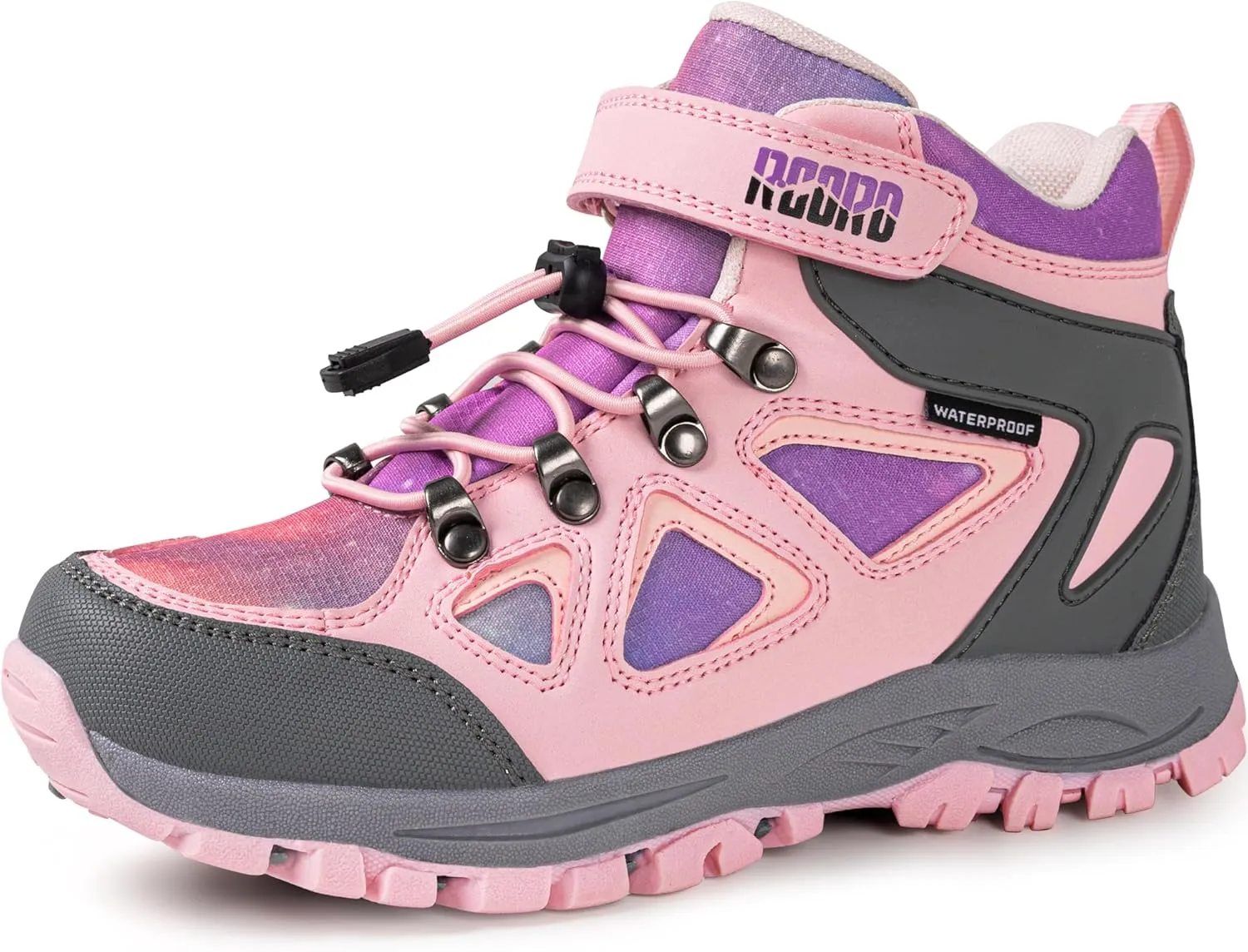 R CORD Kids Hiking Boots Waterproof Girls Hiking Boots Durable TPR Traction Outsole Anti-Skid Athletic Hook and Loop Drawstring Closure Hiking Boots for Outdoor