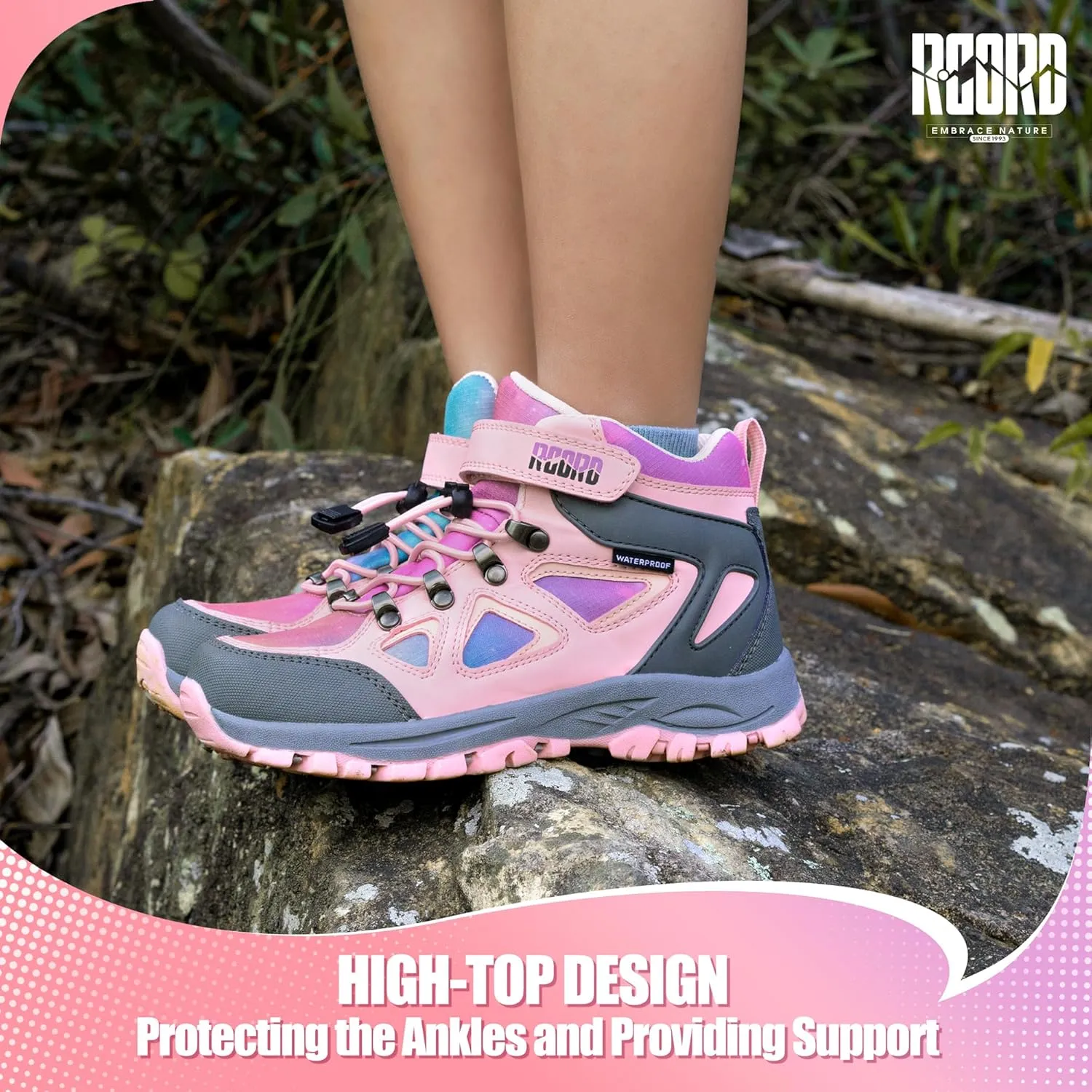 R CORD Kids Hiking Boots Waterproof Girls Hiking Boots Durable TPR Traction Outsole Anti-Skid Athletic Hook and Loop Drawstring Closure Hiking Boots for Outdoor