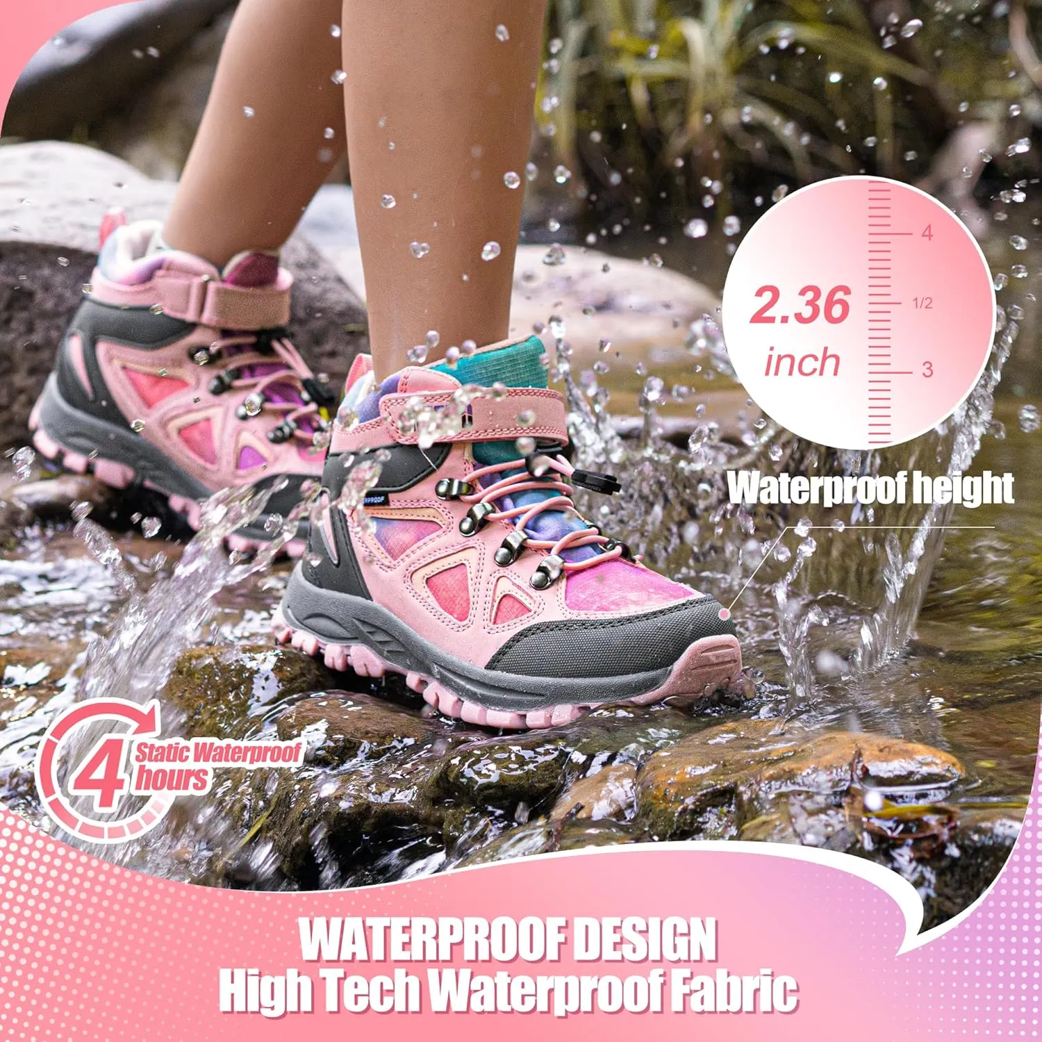 R CORD Kids Hiking Boots Waterproof Girls Hiking Boots Durable TPR Traction Outsole Anti-Skid Athletic Hook and Loop Drawstring Closure Hiking Boots for Outdoor