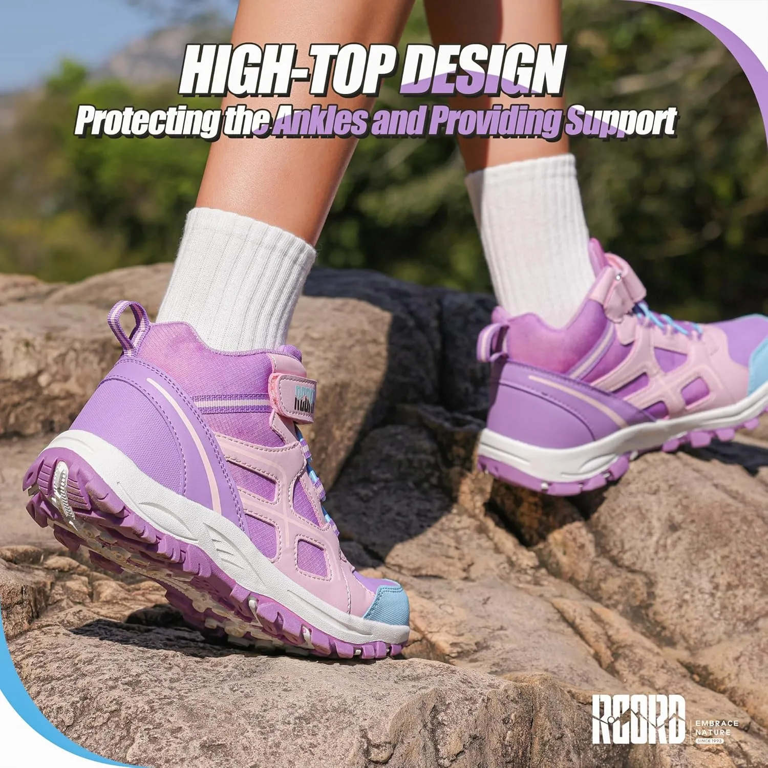 R CORD Kids Hiking Boots Waterproof Girls Hiking Boots Durable TPR Traction Outsole Girls Hiking Shoes Anti-Skid Athletic Hook and Loop Closure Kids Hiking Shoes for Outdoor