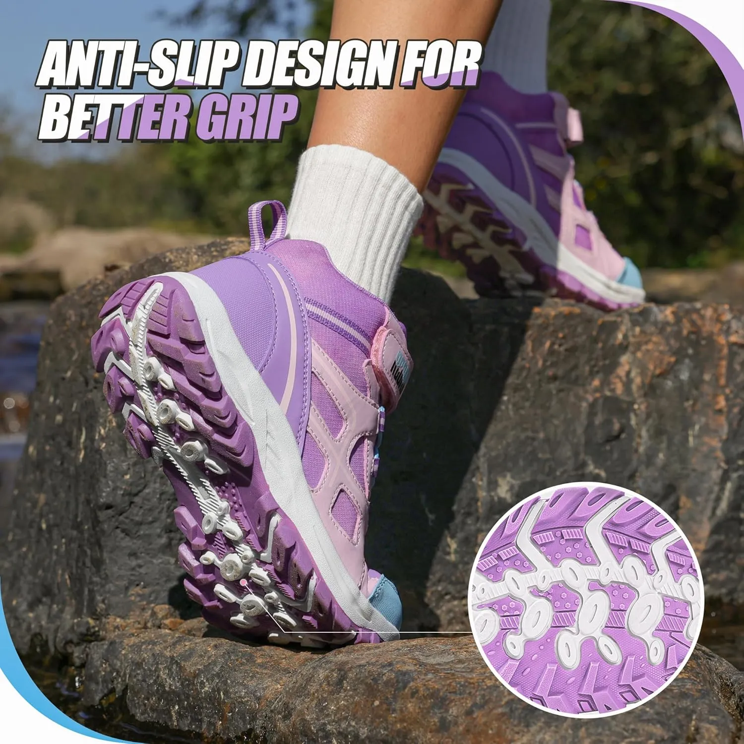 R CORD Kids Hiking Boots Waterproof Girls Hiking Boots Durable TPR Traction Outsole Girls Hiking Shoes Anti-Skid Athletic Hook and Loop Closure Kids Hiking Shoes for Outdoor
