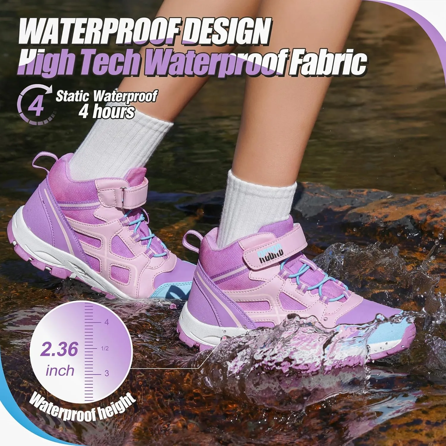 R CORD Kids Hiking Boots Waterproof Girls Hiking Boots Durable TPR Traction Outsole Girls Hiking Shoes Anti-Skid Athletic Hook and Loop Closure Kids Hiking Shoes for Outdoor