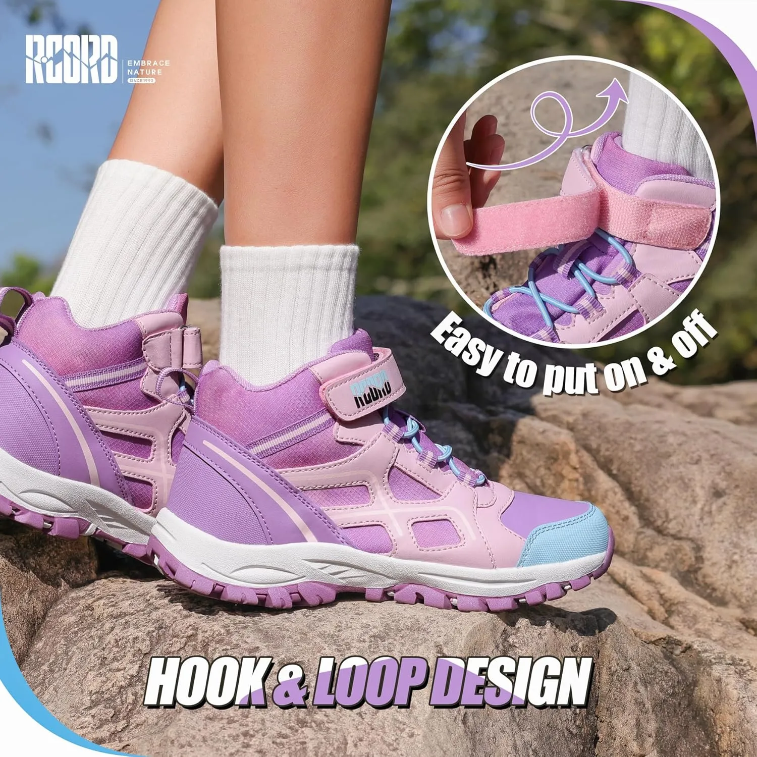 R CORD Kids Hiking Boots Waterproof Girls Hiking Boots Durable TPR Traction Outsole Girls Hiking Shoes Anti-Skid Athletic Hook and Loop Closure Kids Hiking Shoes for Outdoor