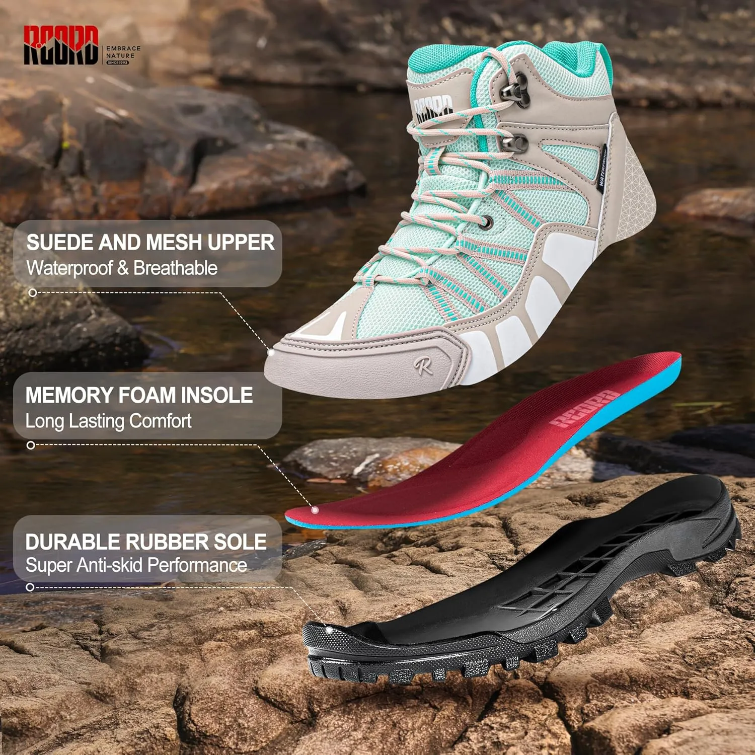 R CORD Womens Hiking Boots Waterproof Hiking Boots Womens Non-Slip Lightweight Outdoor Hiking Shoes Trekking Camping Trail Outdoor