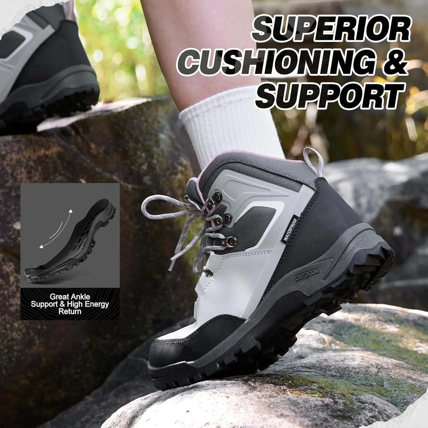 R CORD Womens Hiking Boots Waterproof Mid-Cut Hiking Boots Women Non-Slip Womens Hiking Shoes Outdoor Hiking Shoes for Women Trekking Camping Trail