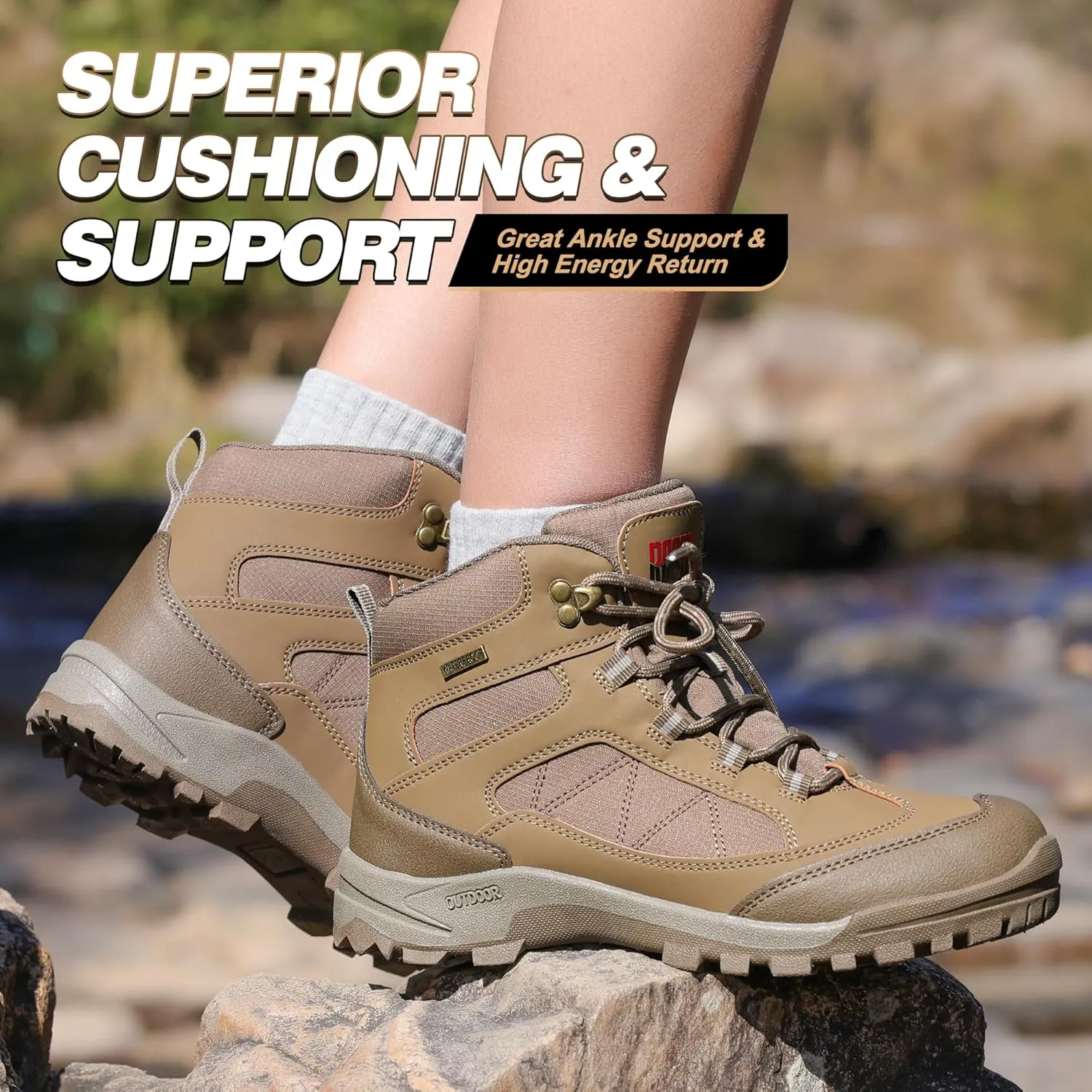 RCORD Women's Comfortable Non-Slip Waterproof Hiking Boots for All-Day Work, Backpacking, Walking & Outdoor Activities