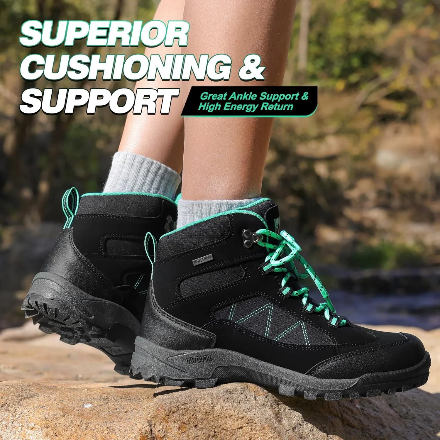RCORD Women's Comfortable Non-Slip Waterproof Hiking Boots for All-Day Work, Backpacking, Walking & Outdoor Activities