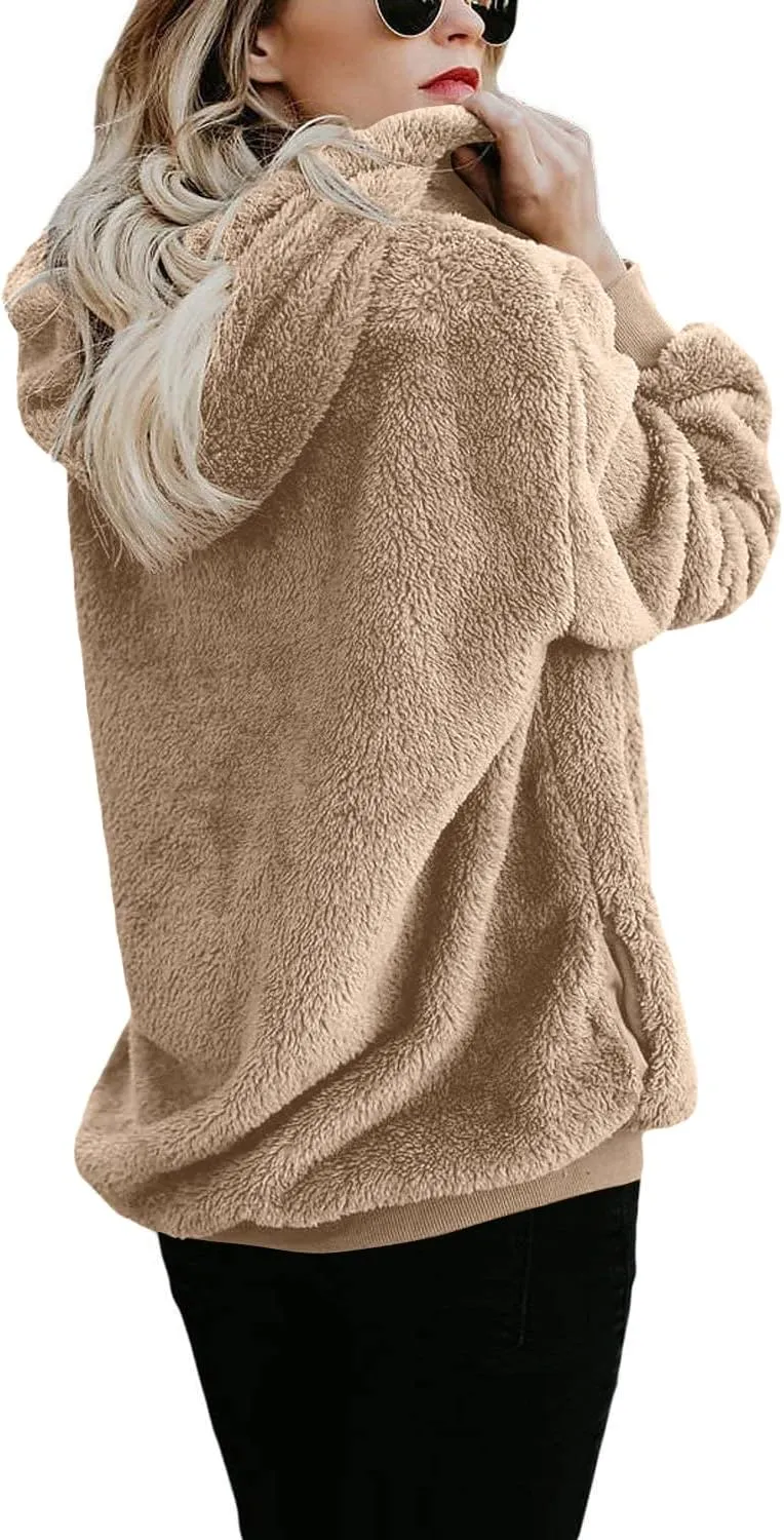 ReachMe Womens Oversized Sherpa Pullover Hoodie with Pockets Fuzzy Fleece Sweatshirt Plaid Fluffy Jacket Coat