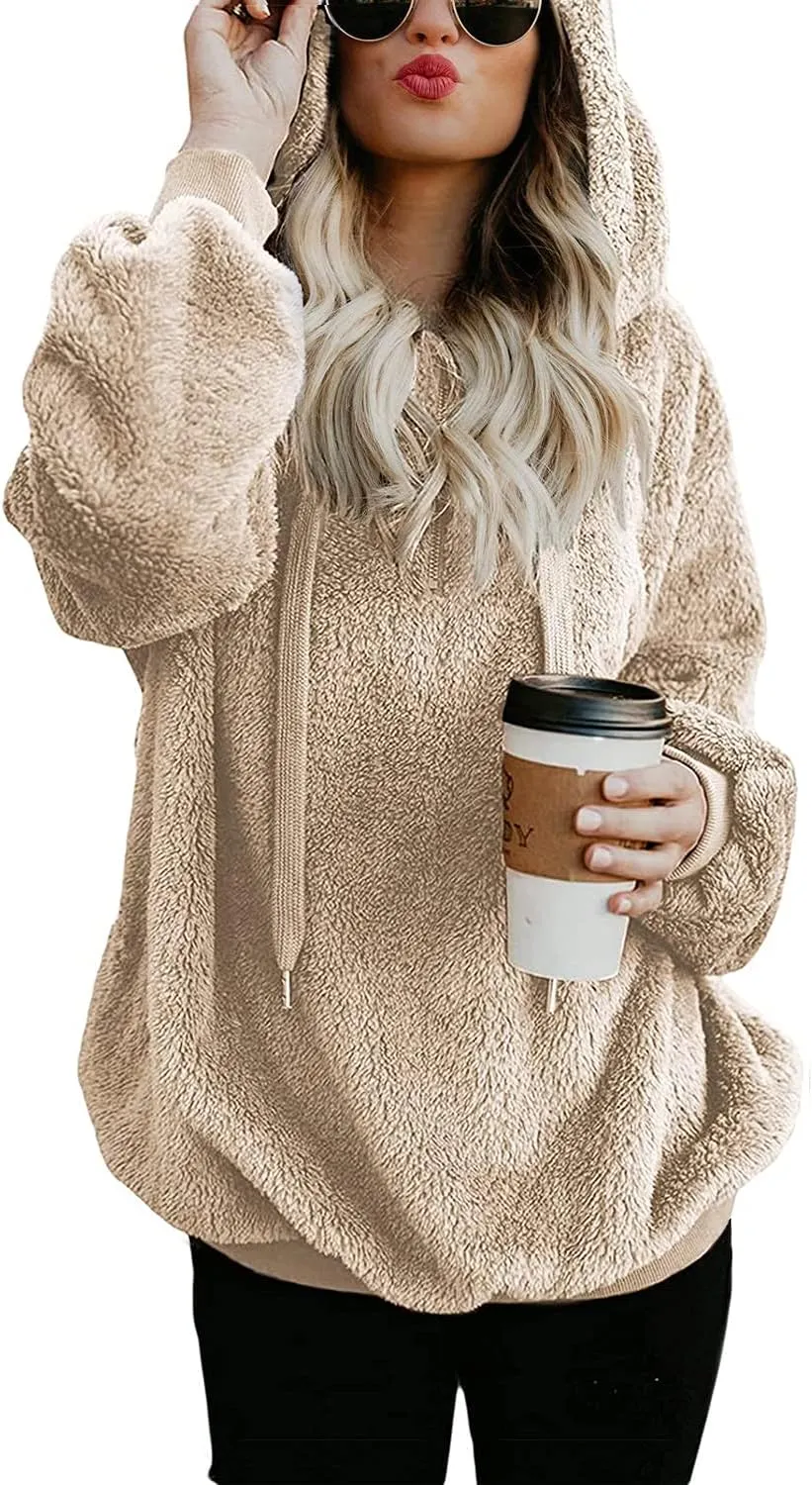 ReachMe Womens Oversized Sherpa Pullover Hoodie with Pockets Fuzzy Fleece Sweatshirt Plaid Fluffy Jacket Coat