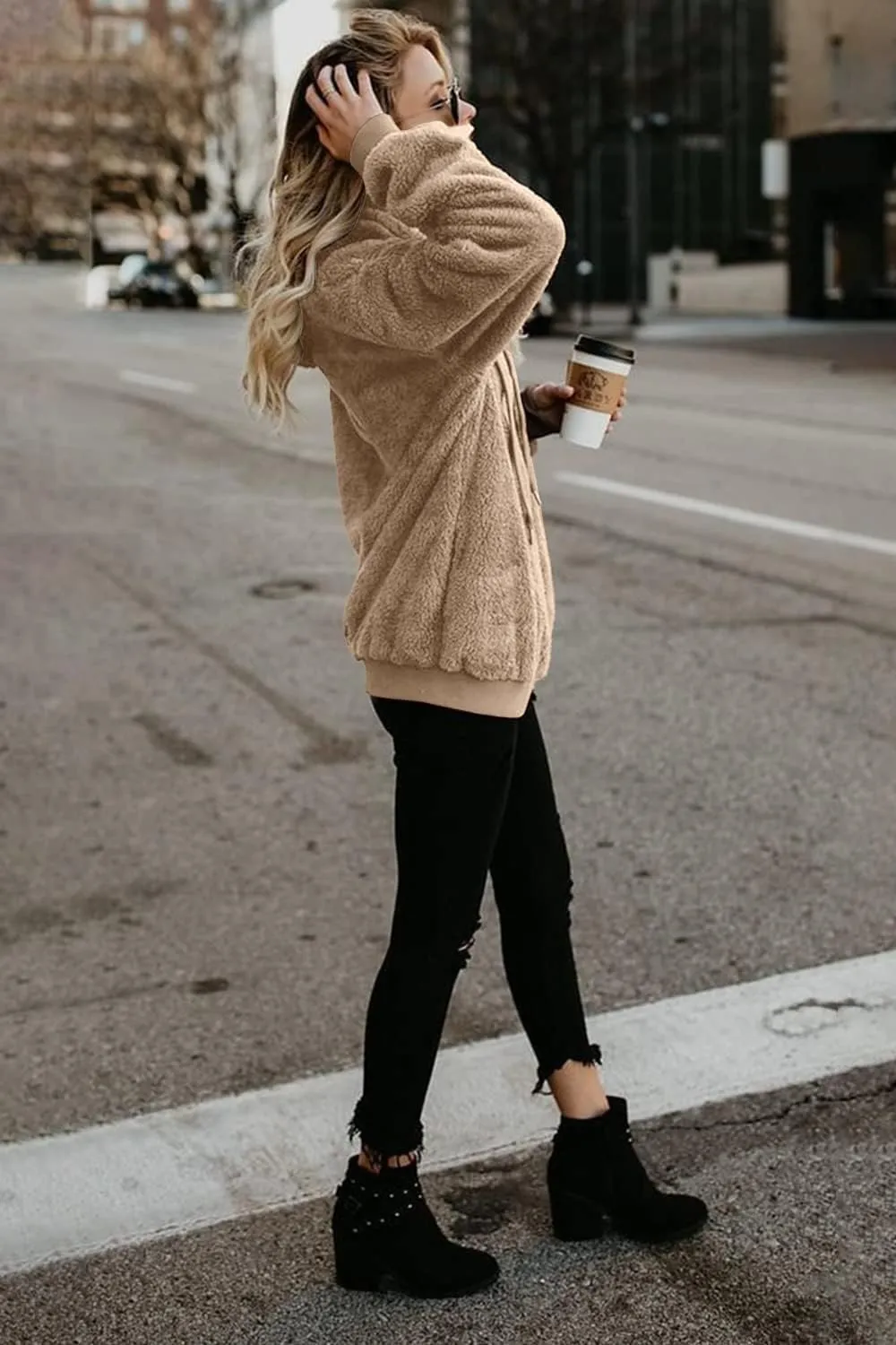 ReachMe Womens Oversized Sherpa Pullover Hoodie with Pockets Fuzzy Fleece Sweatshirt Plaid Fluffy Jacket Coat