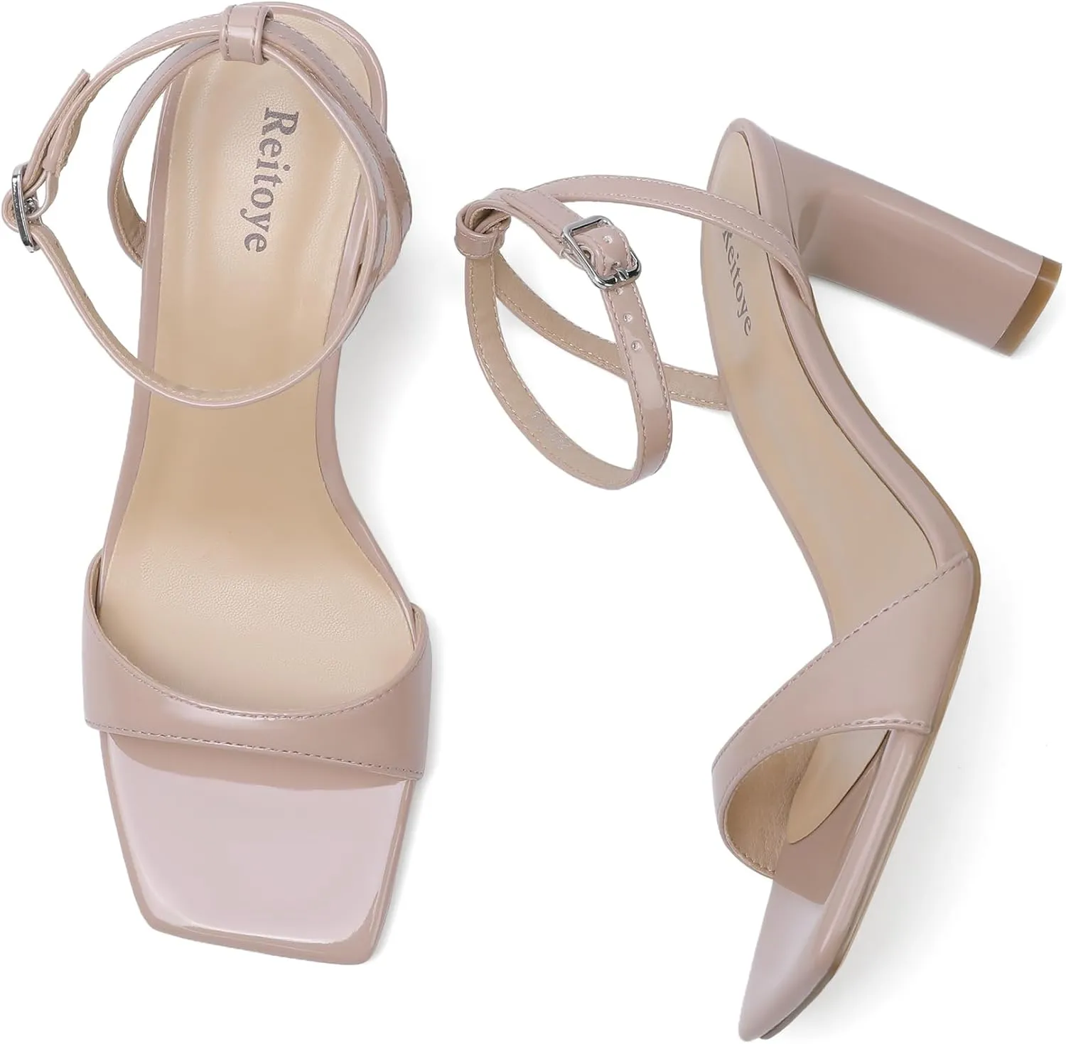 Reitoye Womens Heels Square Open Toe Chunky High Heels Strappy Ankle Strap Heeled Sandals for Women Dress Party Wedding