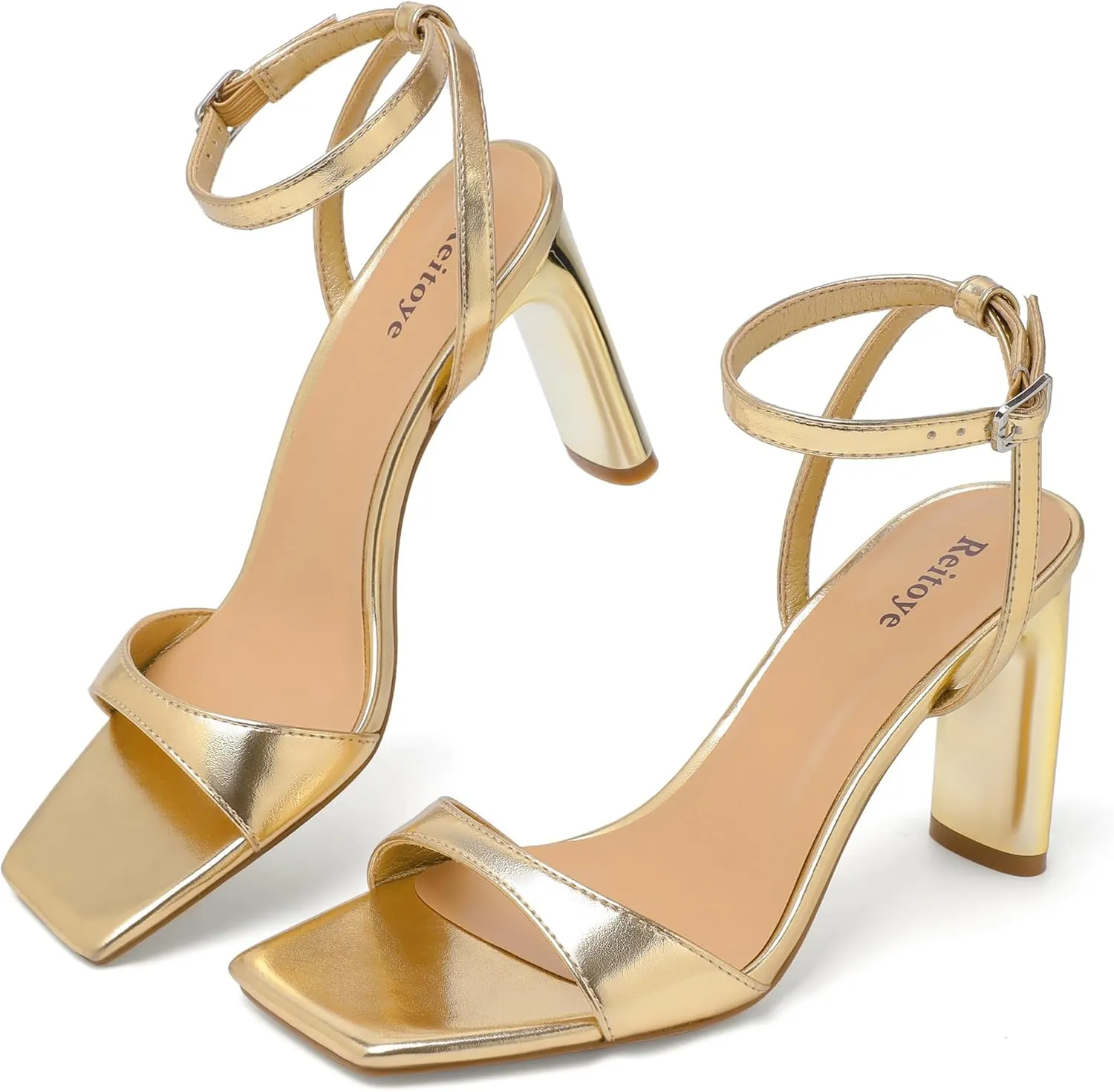 Reitoye Womens Heels Square Open Toe Chunky High Heels Strappy Ankle Strap Heeled Sandals for Women Dress Party Wedding
