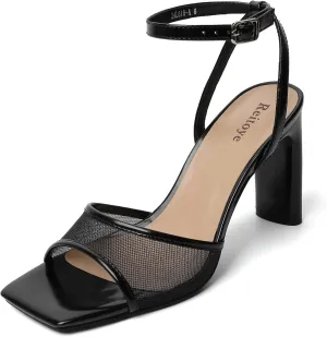 Reitoye Womens Heels Square Open Toe Chunky High Heels Strappy Ankle Strap Heeled Sandals for Women Dress Party Wedding