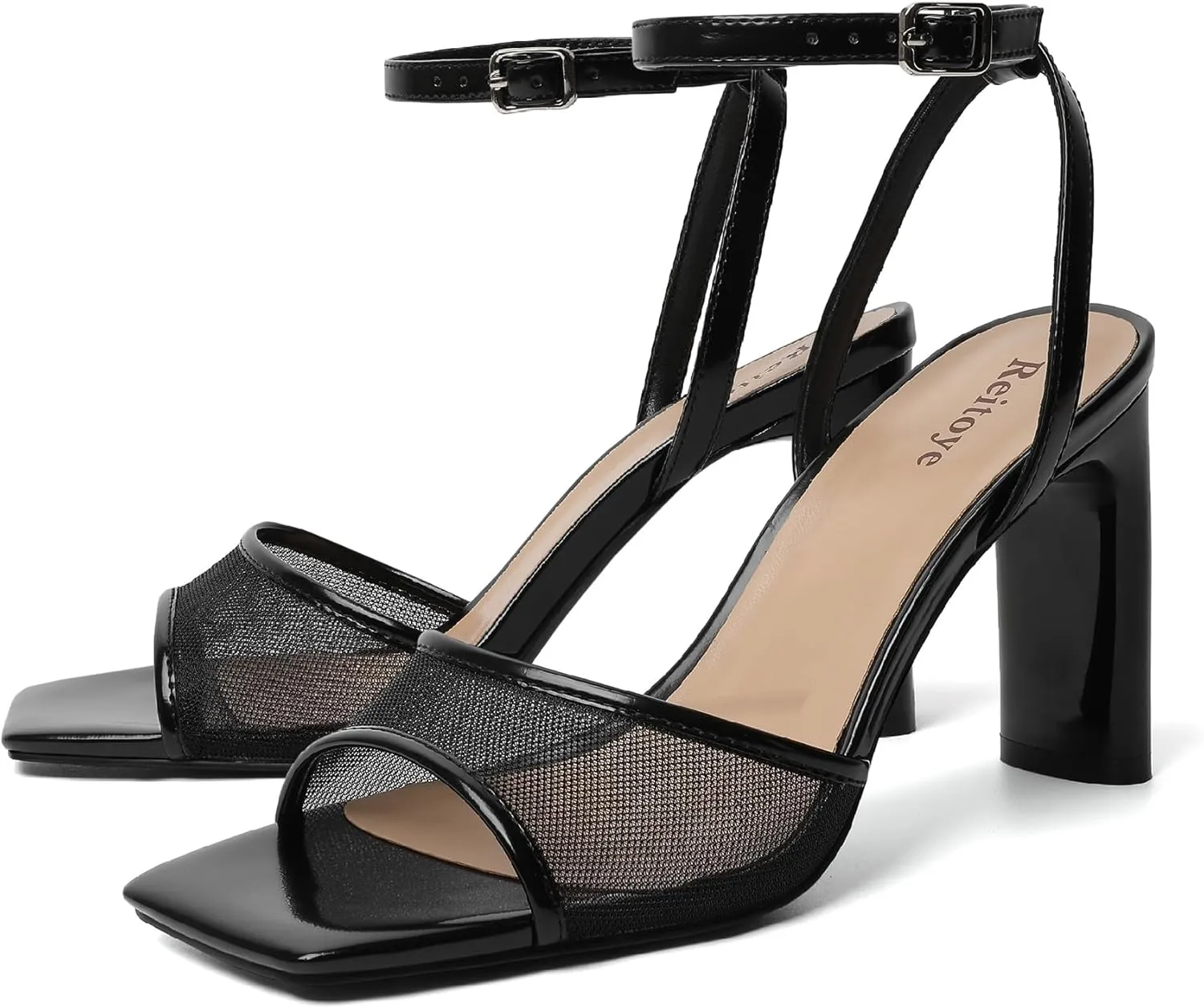 Reitoye Womens Heels Square Open Toe Chunky High Heels Strappy Ankle Strap Heeled Sandals for Women Dress Party Wedding