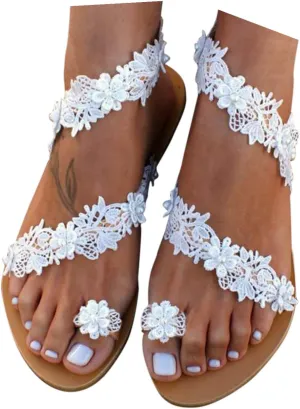 Rhinestone Sandals for Women Summer Dressy Beach Wedding Shoes Sandals Pearl and Rhinestone Boho Sandals Strappy Bohemian Flat Sandals Cute Sandals for Women