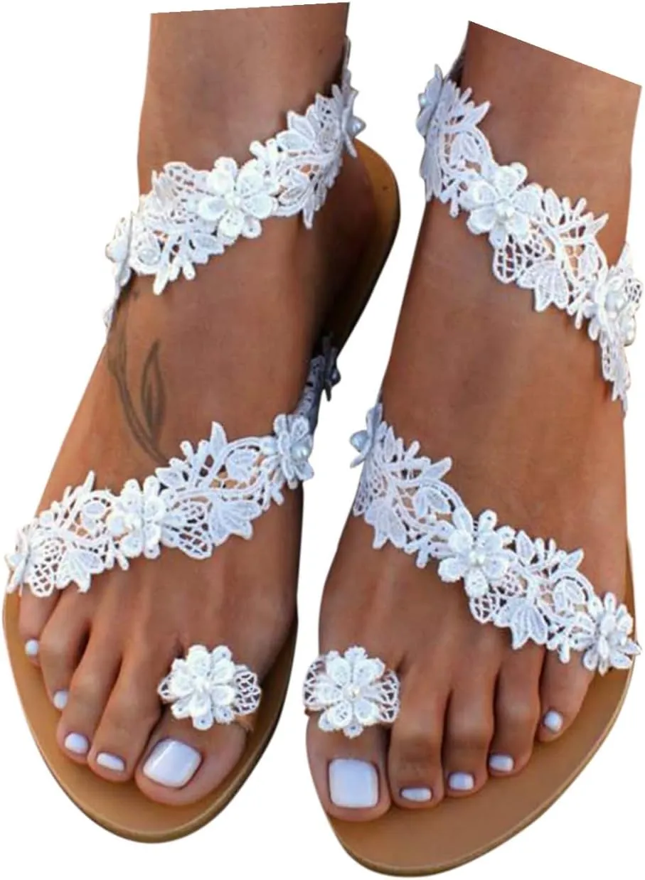 Rhinestone Sandals for Women Summer Dressy Beach Wedding Shoes Sandals Pearl and Rhinestone Boho Sandals Strappy Bohemian Flat Sandals Cute Sandals for Women