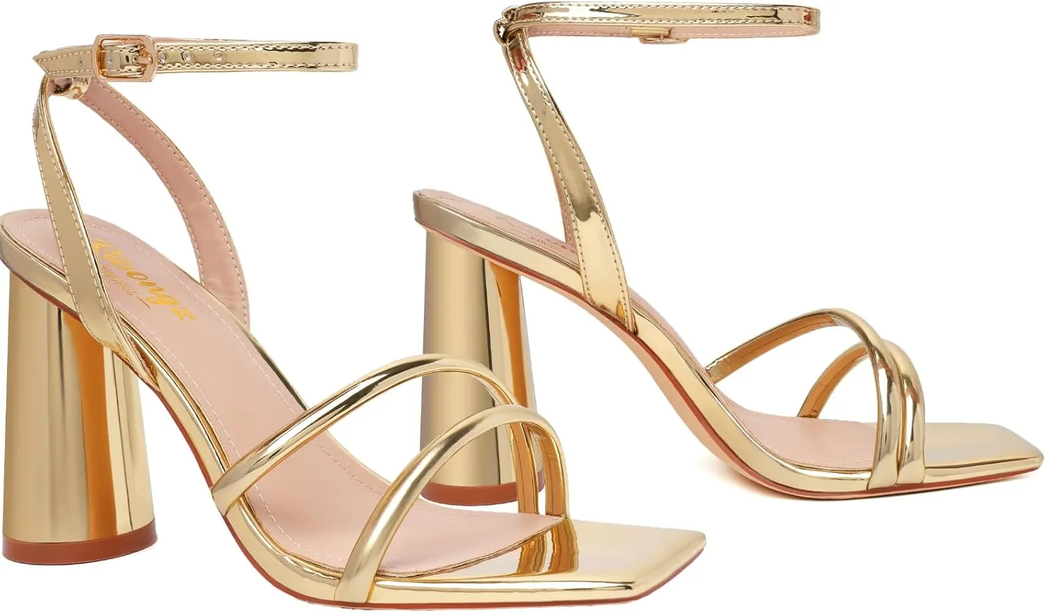 RIBONGZ Block Heels Prom Heeled Sandals for Women Chunky Square Open Toe Strappy High Heels Ankle Strap Wedding Bridal Shoes High Heel Sandals for Party Dress