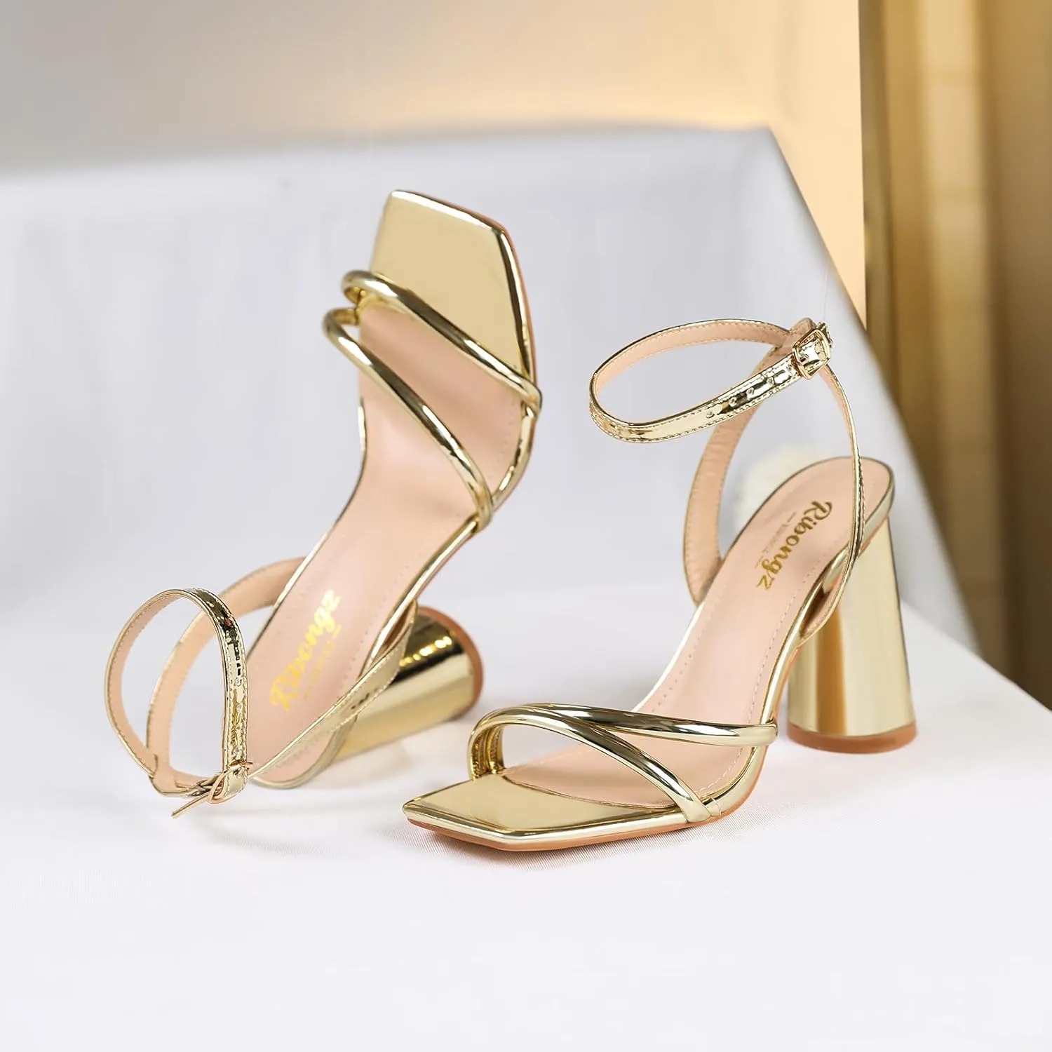 RIBONGZ Block Heels Prom Heeled Sandals for Women Chunky Square Open Toe Strappy High Heels Ankle Strap Wedding Bridal Shoes High Heel Sandals for Party Dress