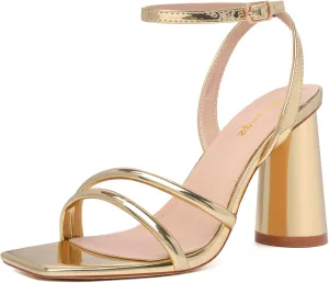 RIBONGZ Block Heels Prom Heeled Sandals for Women Chunky Square Open Toe Strappy High Heels Ankle Strap Wedding Bridal Shoes High Heel Sandals for Party Dress