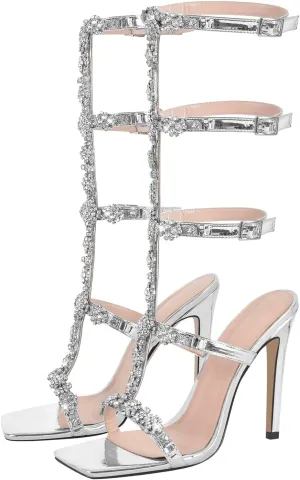 richealnini Sparkle Open Toe Strappy Heel Gladiator Sandals with Rhinestones Embellished Diamante T-strap Up Stiletto Heels