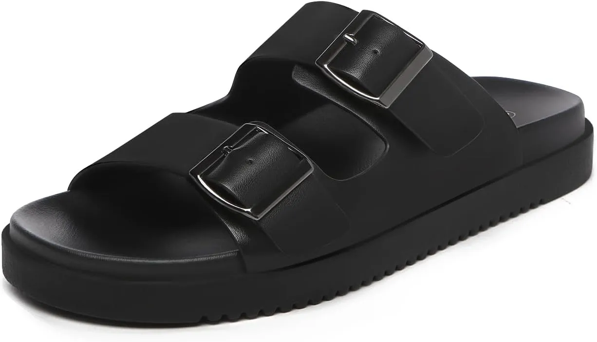 Rihero Women's Flat Sandals Comfort Adjustable Double Strap Slip on Leather Footbed Sandals