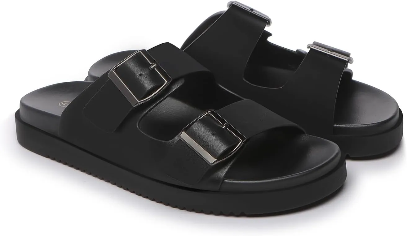 Rihero Women's Flat Sandals Comfort Adjustable Double Strap Slip on Leather Footbed Sandals