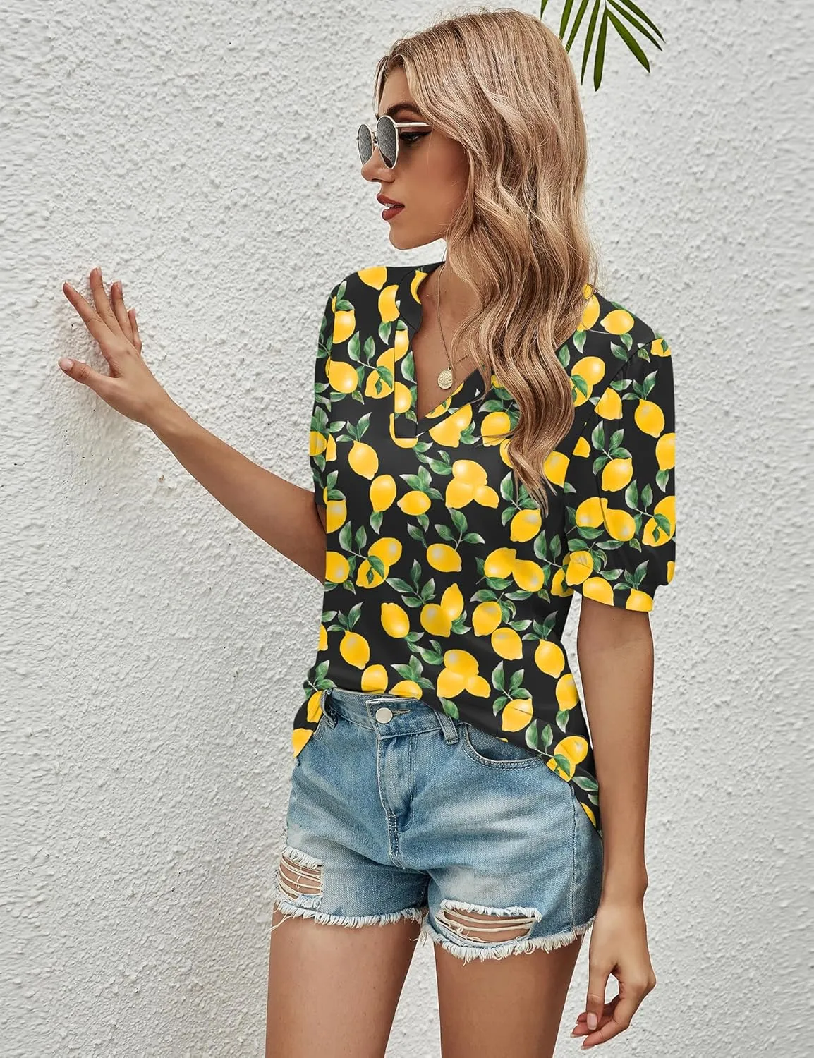 Romanstii Women Casual V-Neck T-Shirts Loose Puff Short Sleeve Tops Tunic Blouses