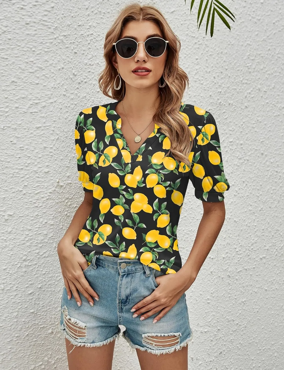 Romanstii Women Casual V-Neck T-Shirts Loose Puff Short Sleeve Tops Tunic Blouses