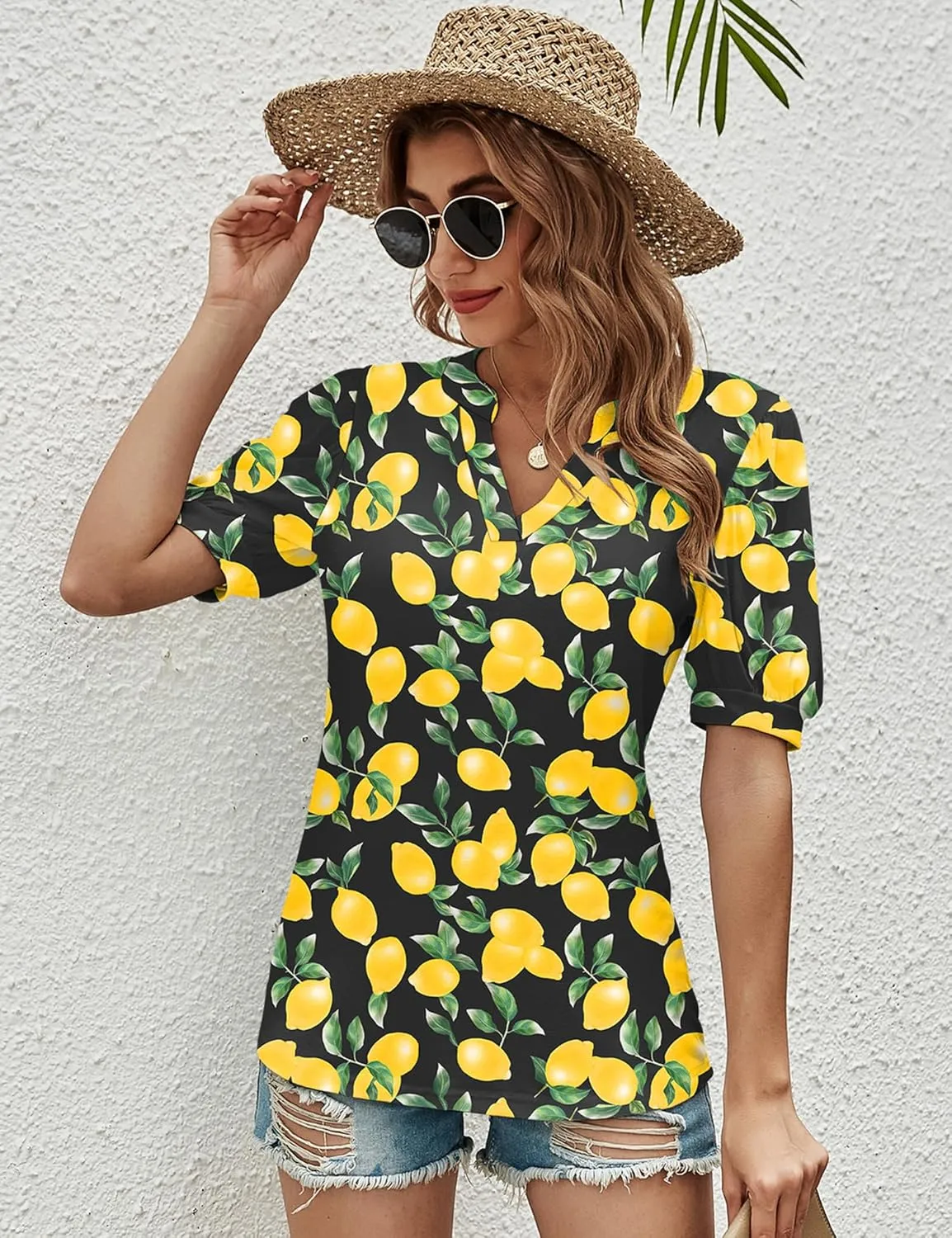 Romanstii Women Casual V-Neck T-Shirts Loose Puff Short Sleeve Tops Tunic Blouses