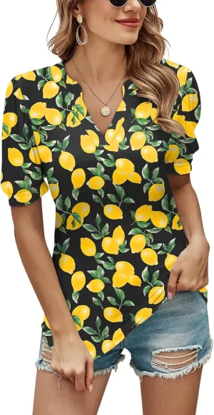 Romanstii Women Casual V-Neck T-Shirts Loose Puff Short Sleeve Tops Tunic Blouses