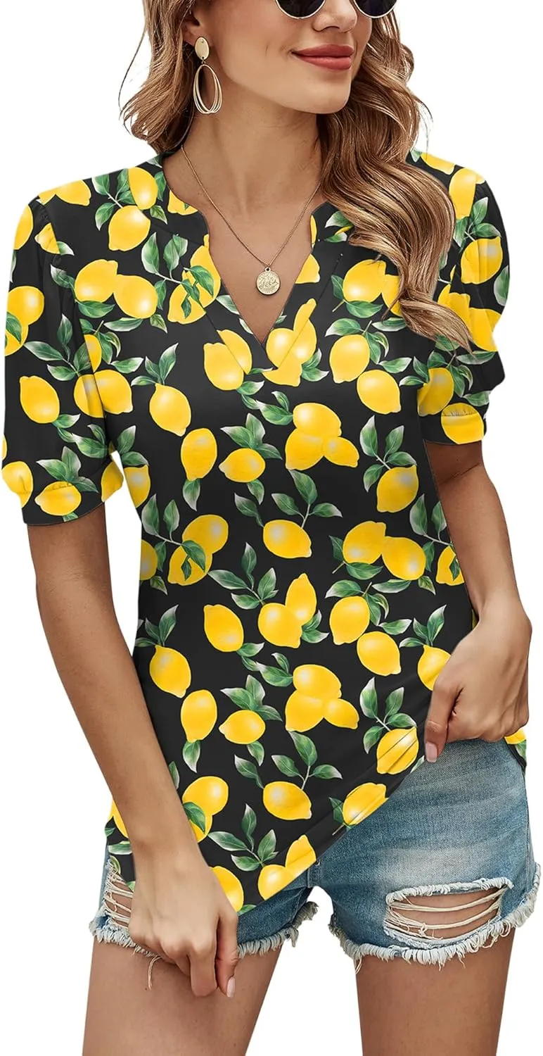 Romanstii Women Casual V-Neck T-Shirts Loose Puff Short Sleeve Tops Tunic Blouses