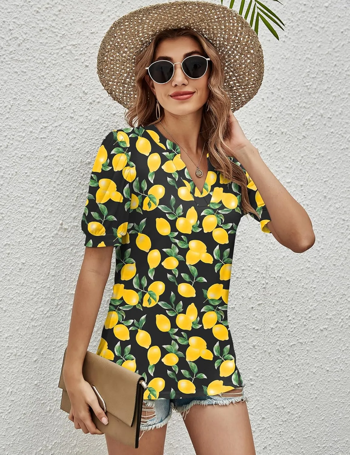 Romanstii Women Casual V-Neck T-Shirts Loose Puff Short Sleeve Tops Tunic Blouses
